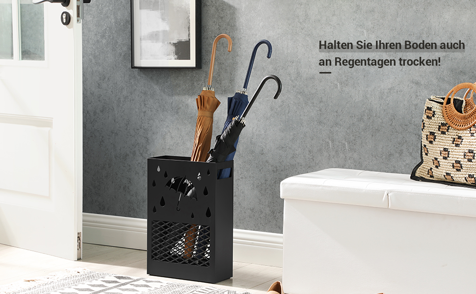 SONGMICS Metal Umbrella Stand with Water Tray, 4 Hooks, Cutout Design - Black for Entryway & Office
