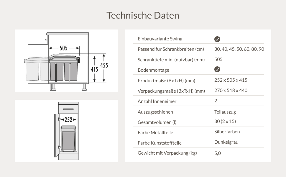 Відро для сміття Hailo Tandem 3650103 | Вбудований контейнер для сміття 2 секції з 50 мішками | для шаф шириною від 300 мм | Зручний висувний механізм на роликових направленнях | Сріблястий та антрацитовий пластик 3650101