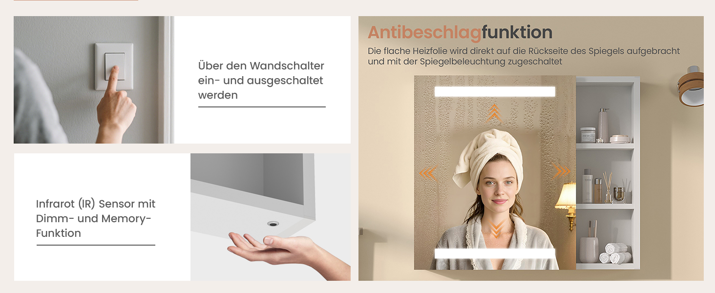 Дзеркальна шафка для ванної кімнати AQUABATOS з розеткою, підсвічуванням LED, 50x70 см. Шафка для ванної кімнати з дзеркалом, інфрачервоний сенсор, регулювання яскравості, протизапітніння, холодний білий колір світла (Тип 07L)