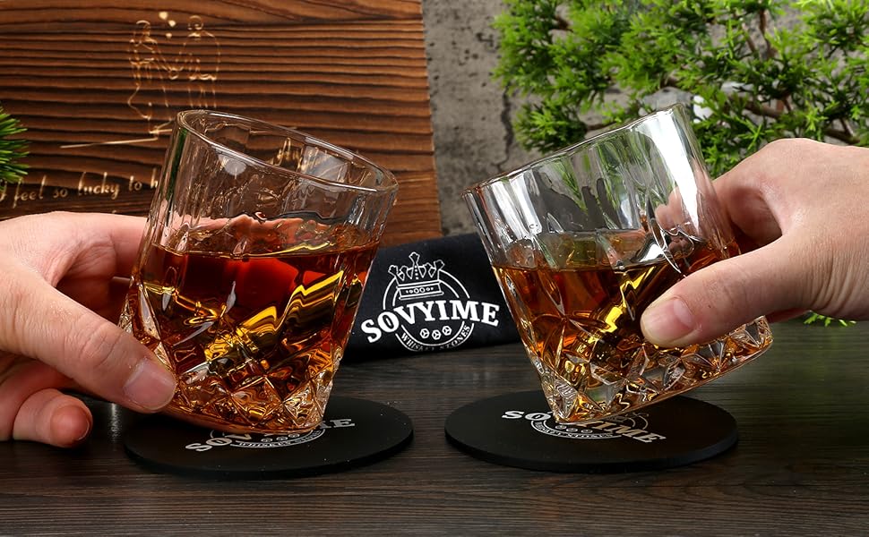 Склянки для віскі з гранітними кубиками льоду, 2 шт., дерев'яна подарункова коробка. Ідеальний подарунок для любителів віскі, чоловіків, на Різдво, День народження, День батька (310 мл). Рельєфні круглі.