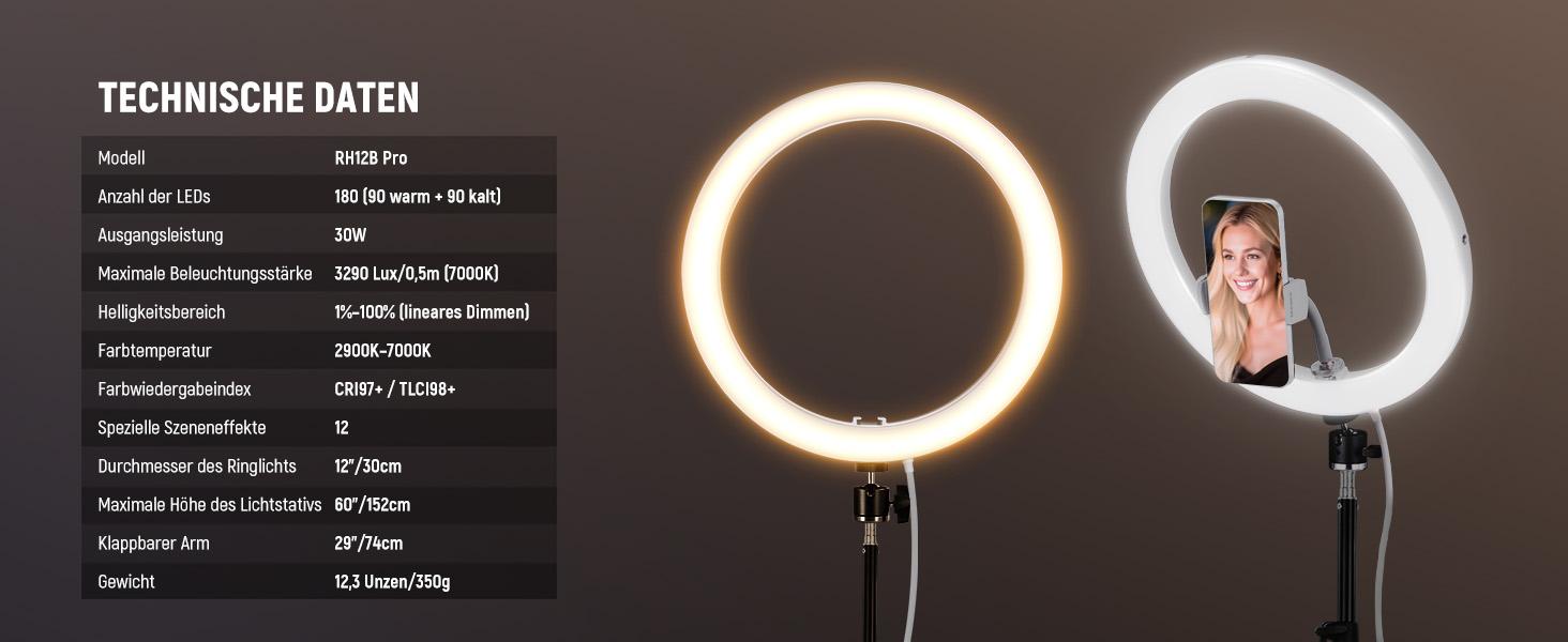 NEEWER Комплект кільцевого світла для фото та відео: 48 см, 52 Вт, регульоване LED кільцеве світло з штативом та Bluetooth для смартфона, YouTube, селфі (RH12B Pro)