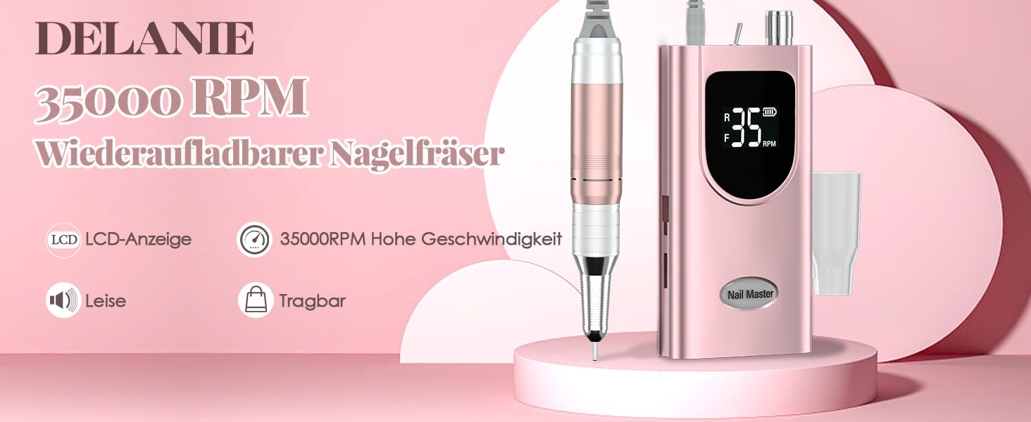 Електричний фрезер для нігтів Delanie 35000 об/хв: набір для манікюру з насадками, регулювання швидкості та напрямку, рожеве золото