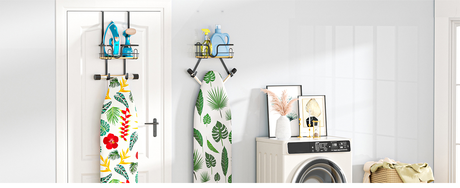 Настінна підставка для прасувальної дошки з кріпленням над дверима, чорна, з великим кошиком та знімними гачками