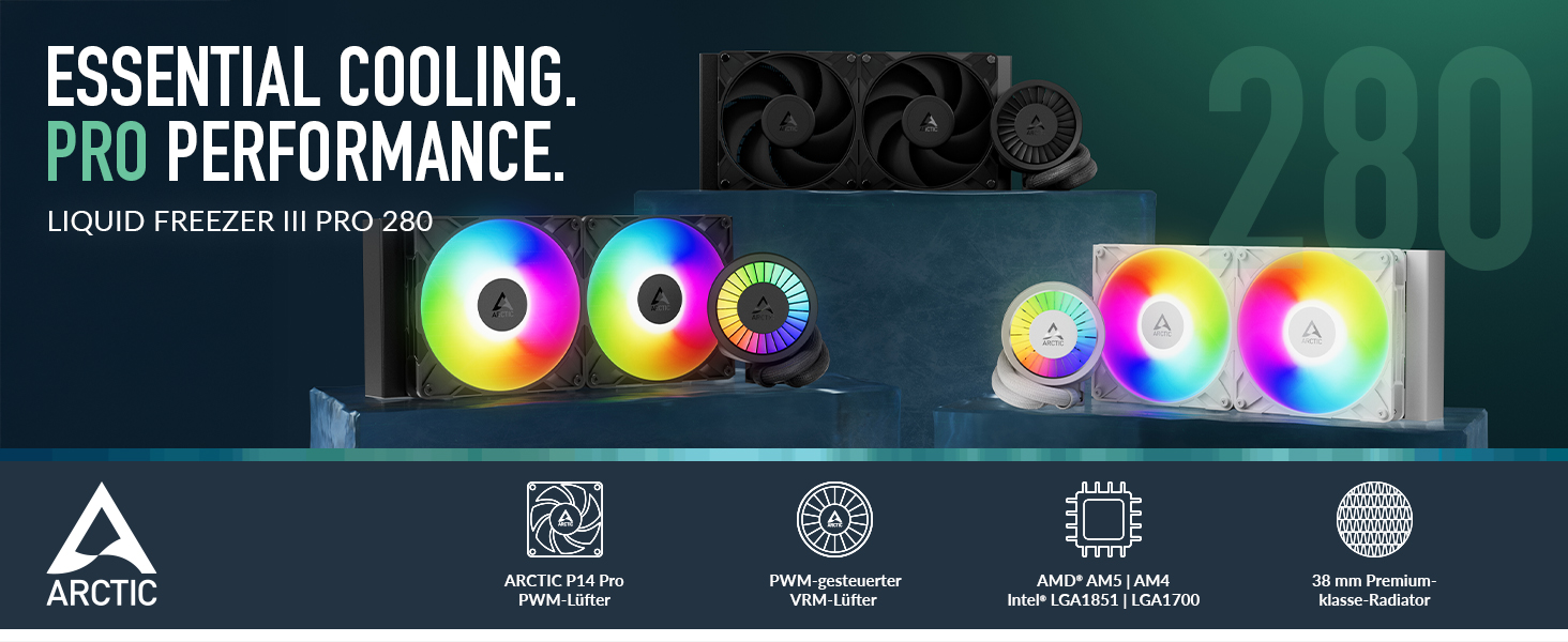 ARCTIC Liquid Freezer III Pro 280 - Помпа водяного охолодження ПК, AIO CPU, 2x140 мм, чорний