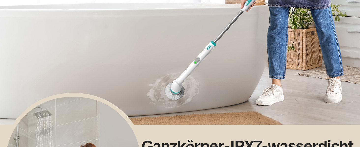 LyriFine електрична щітка для прибирання, водонепроникна IPX7, з довгою ручкою, 2 швидкості, змінні насадки, для ванної кімнати та дому
