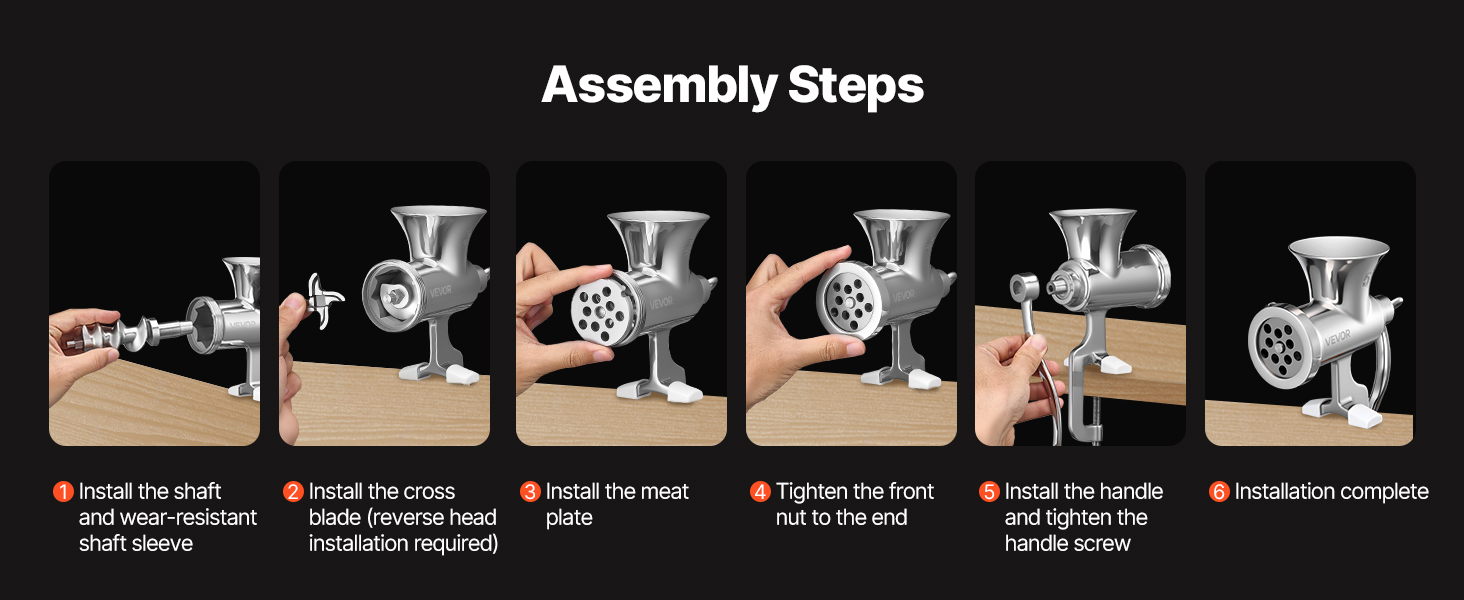 М'ясорубка ручна VEVOR з нержавіючої сталі 304, з насадкою для ковбас, кріпленням до столу та 2 дисками (4.5/8 мм) + 4 насадки для ковбас