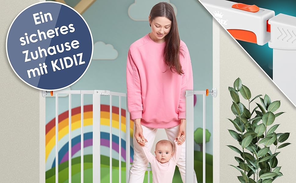 Захисне ворота KIDIZ для котів з люком, без свердління, для дітей, біле | 90° фіксація, поворотне, ширина: 88-101 см, помаранчевий