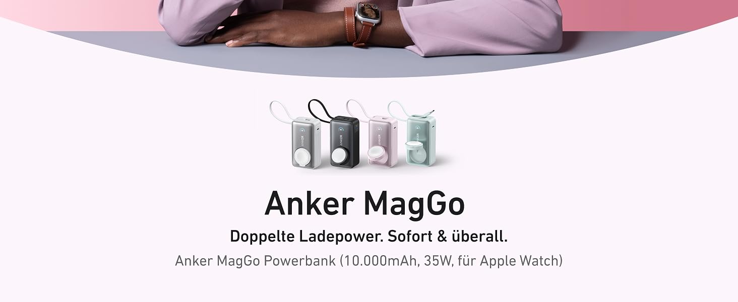 Повербанк Anker MagGo 10000mAh для Apple Watch та iPhone 17/16/15, Samsung, iPad, AirPods, вбудований кабель USB-C, 35W Max, сертифікований, Рожевий