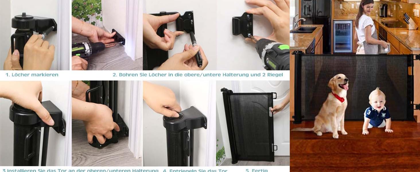 Захисний бар'єр для дитячих воріт, розтяжний 0-150 см, для дітей, котів та собак, внутрішнє та зовнішнє використання (Чорний-150 см)