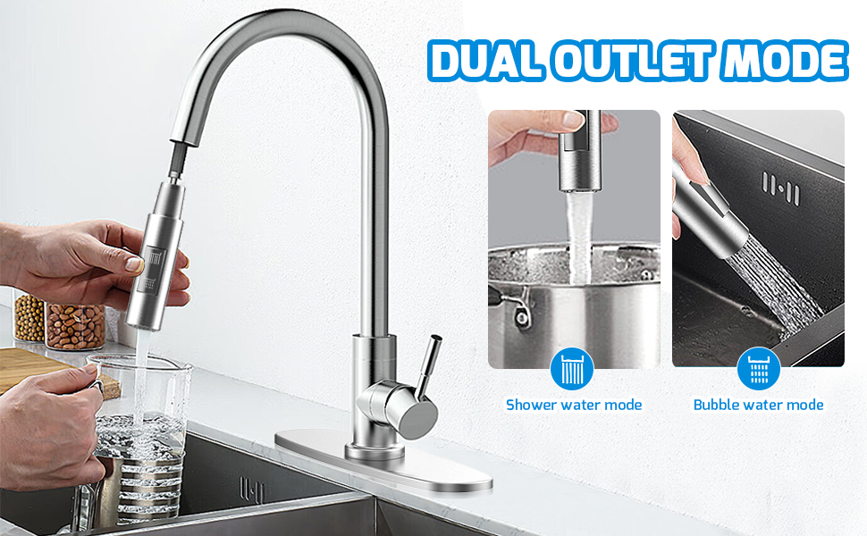 Змішувач кухонний поворотний 360° з висувною лійкою, нержавіюча сталь, гаряча/холодна вода, 2 режими струменя, G3/8'', кухонний