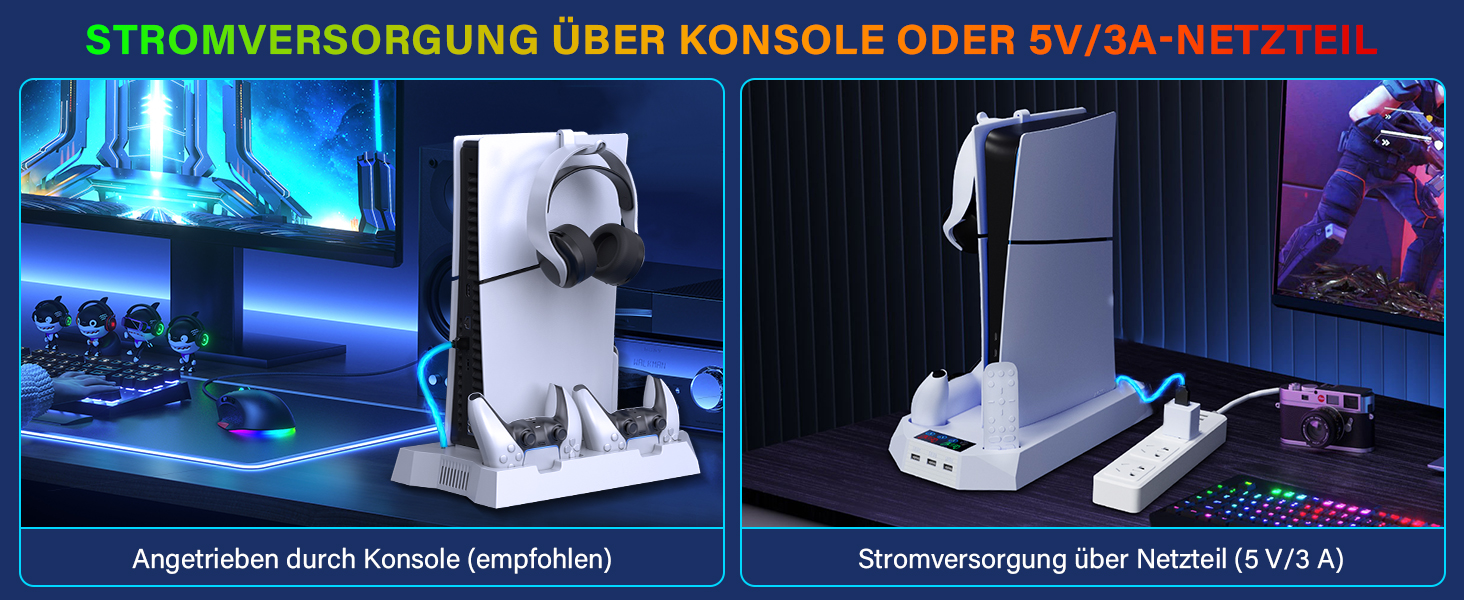 Підставка для PS5 Slim/Pro з зарядною станцією для контролера PlayStation 5 (Disc/Digital), аксесуари PS5 з RGB підсвіткою, вентилятором, тримачем для навушників, USB хабом, чорно-білий (Perlweiß Q311)