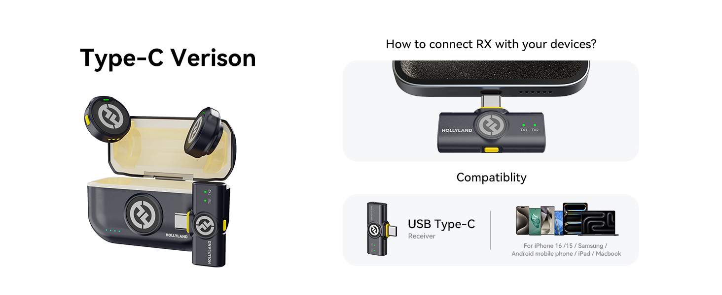 Hollyland Lark M2 бездротовий петличний мікрофон для iPhone 15/16/17 та Android, 300м радіус дії, Hi-Fi звук, шумозаглушення, 30 годин роботи, міні-мікрофон для відео (2TX + USB-C RX + зарядний кейс) USB-C (2TX+1RX) Чорний