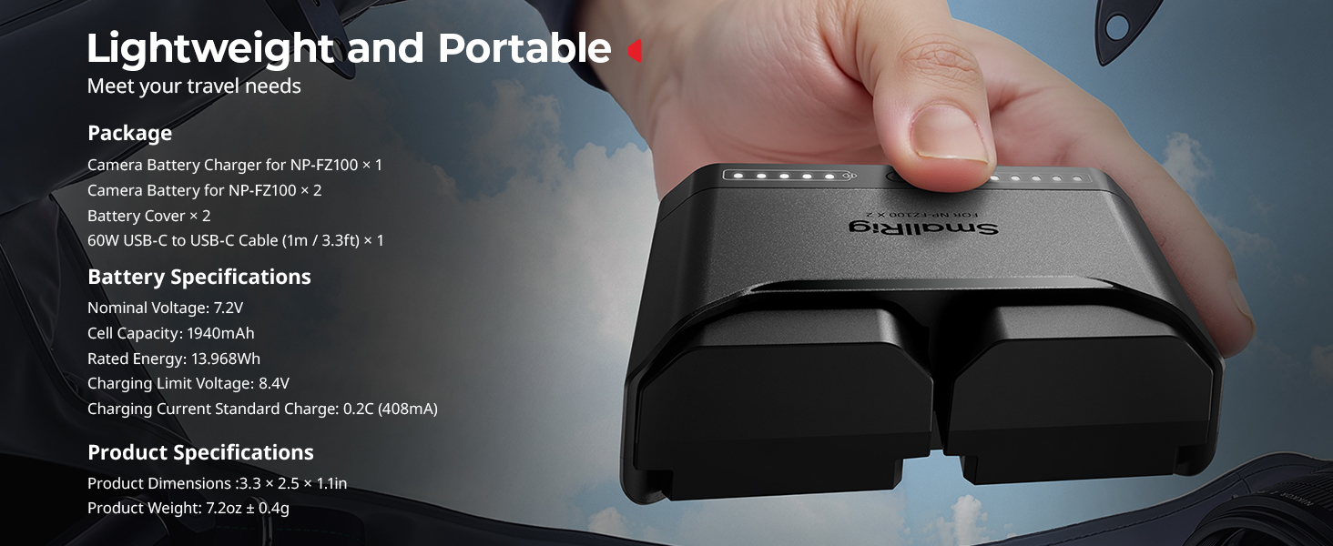 Акумуляторний набір SMALLRIG NP-FZ100 для Sony (2x 1940mAh) + Зарядний пристрій 22.5W для Sony Alpha A7III, A7IV, A6700, FX3, FX30