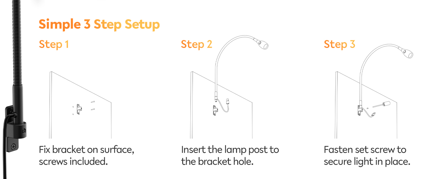 Світлодіодна настільна лампа Acegoo для читання з гнучким регульованим кронштейном (чорна) - 3000K, диммована, настінне кріплення, для спальні, книжок