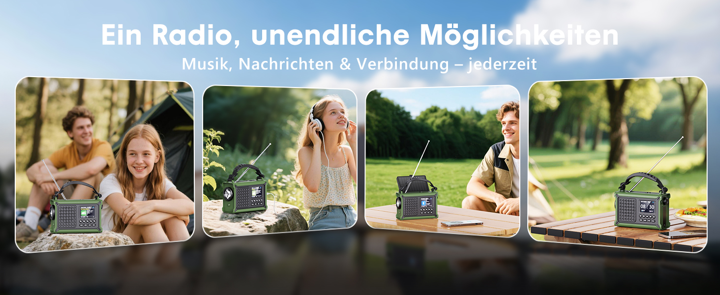 ROCAM Портативне радіо DAB+ з Bluetooth, 12000mAh, радіо з ручкою, сонячна панель 8500мм², 650mA, DAB/UKW, 2.4' дисплей, 80 станцій, LED ліхтарик, USB, SOS, IPX6, для надзвичайних ситуацій, зелене