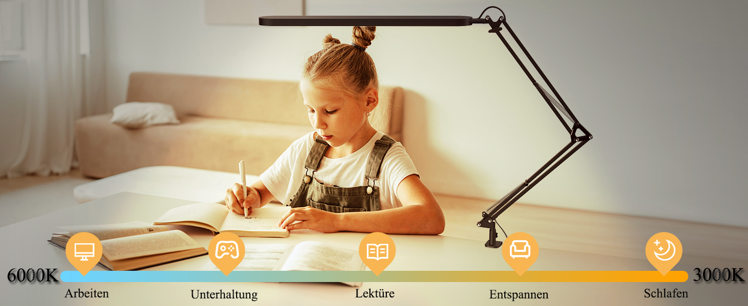 SKYLEO LED Desk Lamp with Adjustable Gooseneck - 80cm Height, 5 Color Modes, 11 Brightness Levels, Timer & Memory Function, 12W, Black - Clamp-On Design