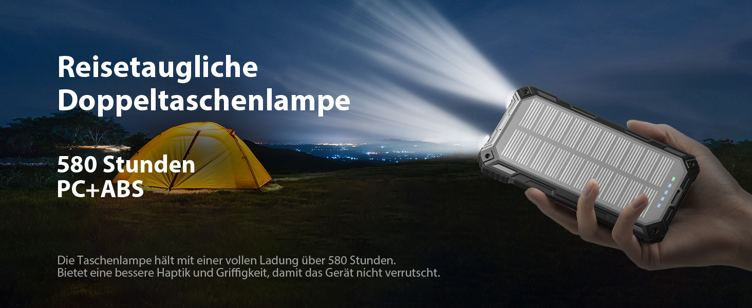 Сонячний повербанк 26800 mAh з 4 кабелями, швидка зарядка USB-C, Qi бездротова зарядка, LED ліхтарик – для телефонів, планшетів, кемпінгу (Чорний)