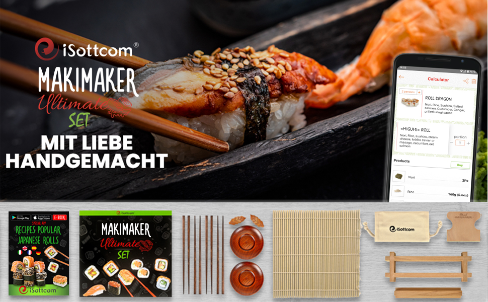 Набір для приготування суші iSottcom: робіть смачні суші та роли самостійно! З рецептами та додатком. З дерева бука та бамбука - ідеальний подарунок!