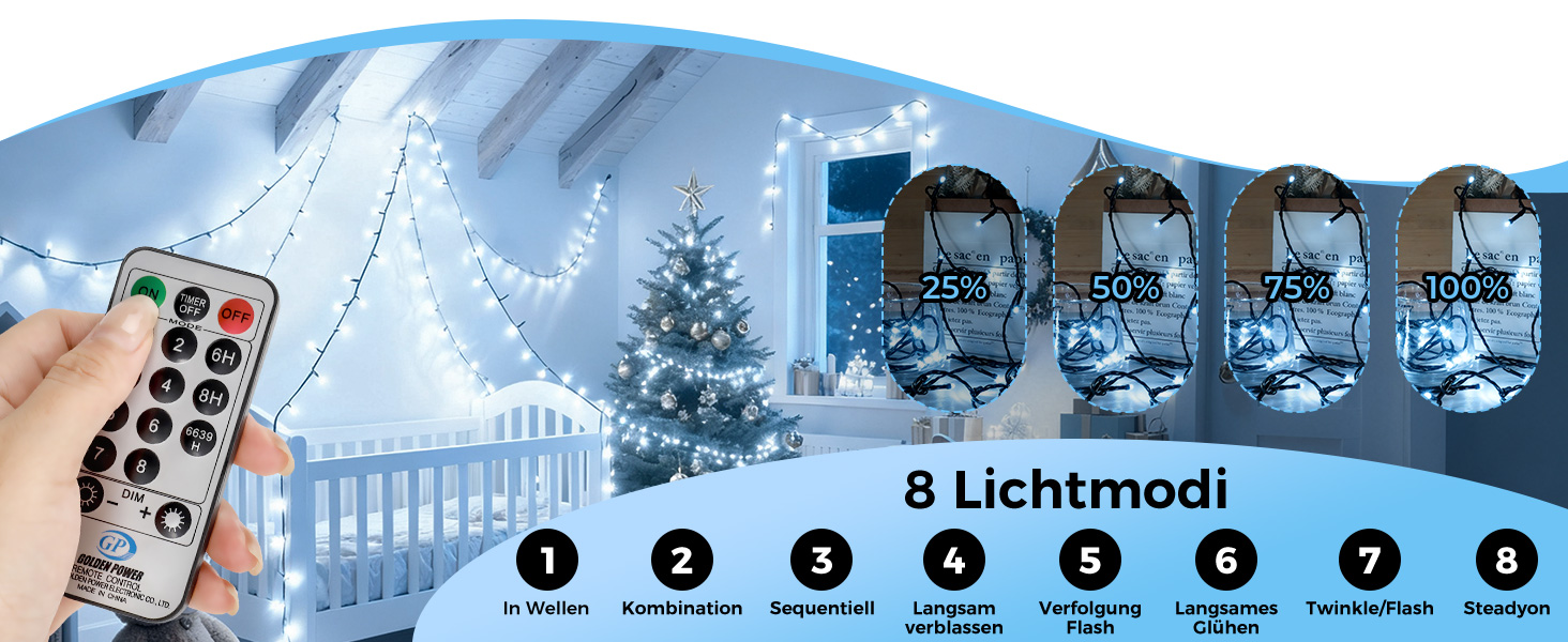 LED гірлянда на ялинку: 250 LED, тепле біле світло, 50 метрів. Водостійка гірлянда для дому та саду з 8 режимами та таймером. IP44, для прикраси на Різдво