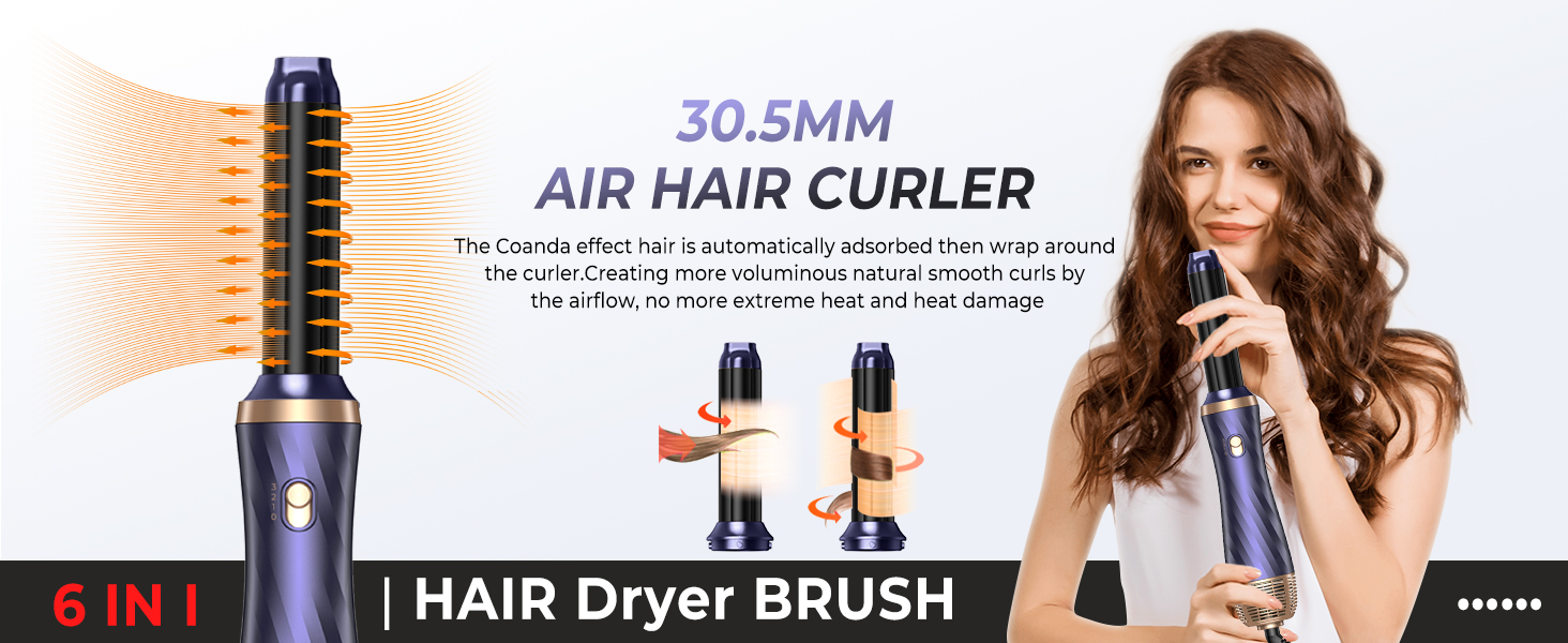 Фен та стайлер для волосся 6 в 1, Набір Airstyler з автоматичною завивкою, кругла щітка-фен, термощітка, фен, гаряча повітряна щітка, подарунковий набір мультистайлер для жінок, чорний (Z-blue)