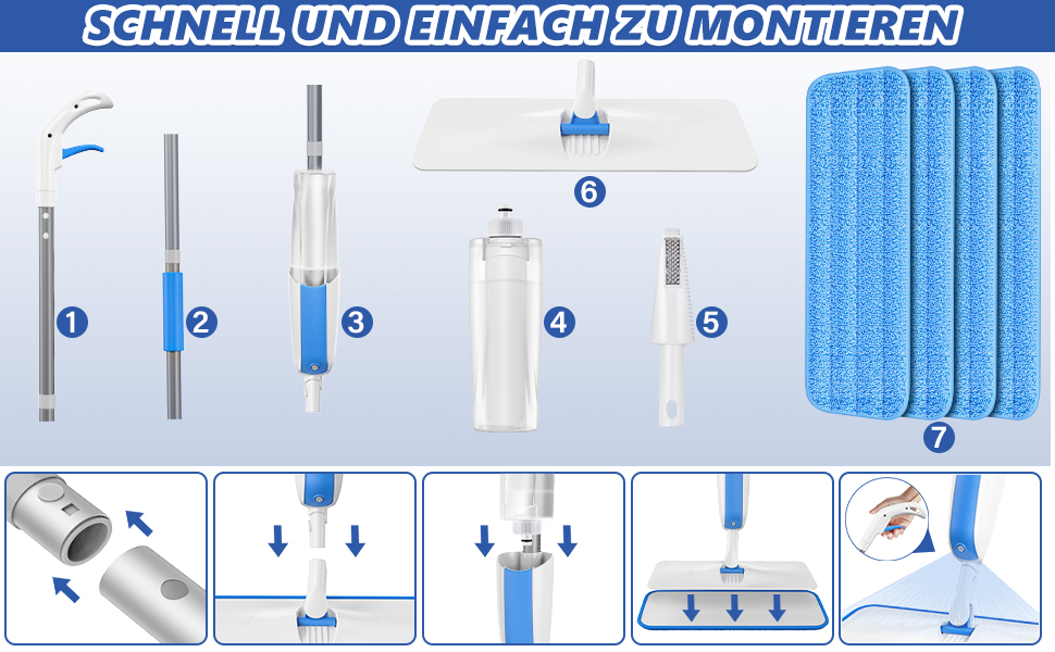 Швабра з розпилювачем MANGOTIME: швабра з розпилювачем, моп, швабра для підлоги з баком для води та 3 насадки для миття більшості поверхонь (біла)