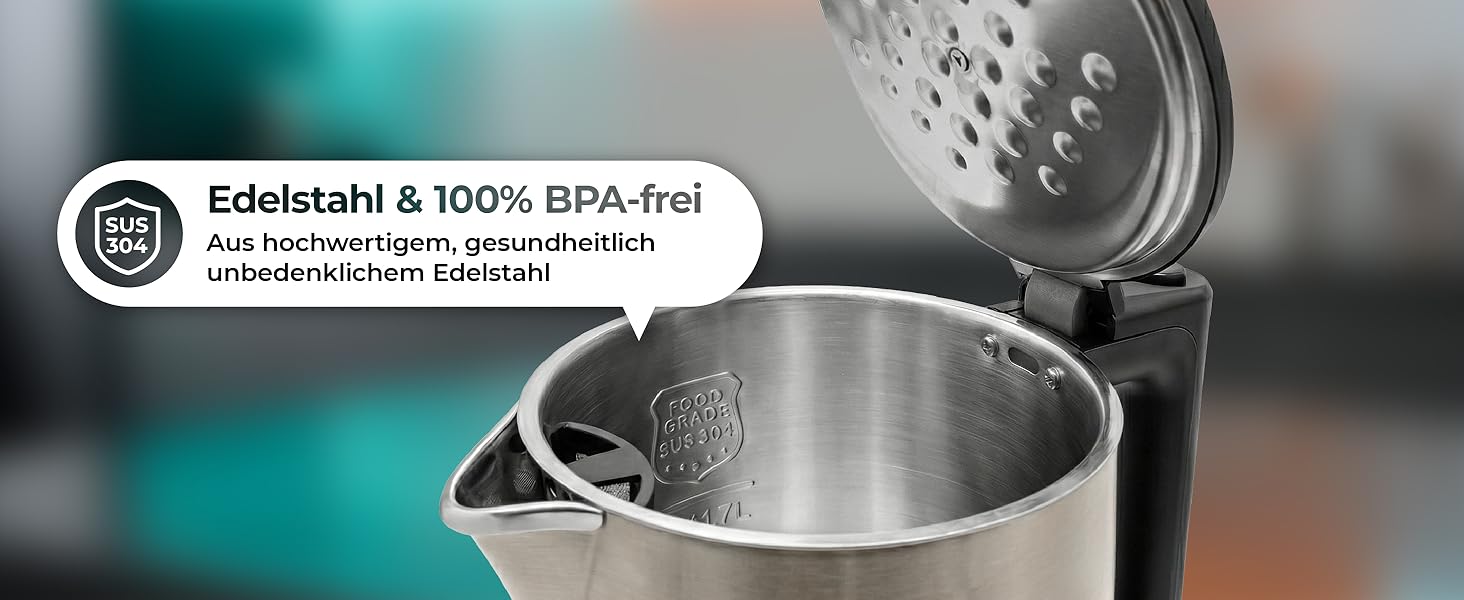 Електричний чайник Aeco AQA NEO з нержавіючої сталі, 1.7 л, 2150 Вт, без BPA, фільтр від накипу, бездротовий, CoolTouch, шампань сріблястий