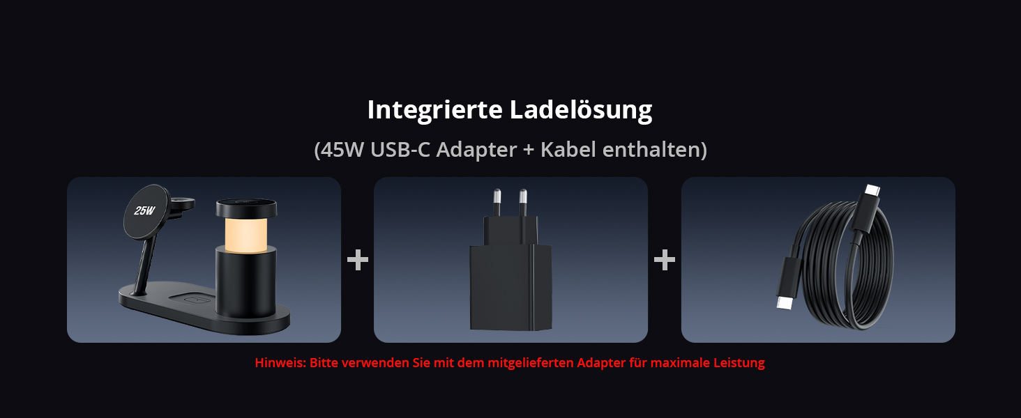 GEEKERA 25W Бездротова зарядка 4-в-1 MagSafe: для iPhone 17/16/15/14/13/12, Apple Watch (11-2), AirPods + Кабель + Блок живлення 45W (Чорний)