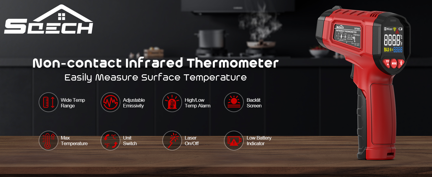 Інфрачервоний термометр SQECH з лазером, -50℃~600℃, регульований емісійний коефіцієнт, кольорова підсвітка, для кухні, піца-печі, холодильника, промисловості (червоний)