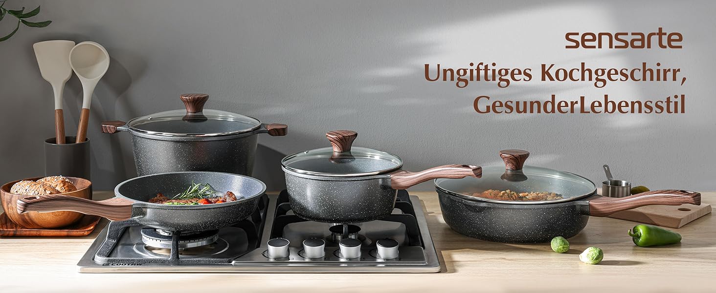 Набір посуду SENSARTE з антипригарним покриттям 13 предметів, гранітний, з кришками та силіконовими інструментами, сірий