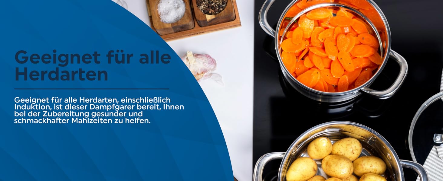 Salter Timeless 3-рівневий паровар з нержавіючої сталі – 18 см, з ручками та скляною кришкою, антипригарне покриття, для індукційних плит