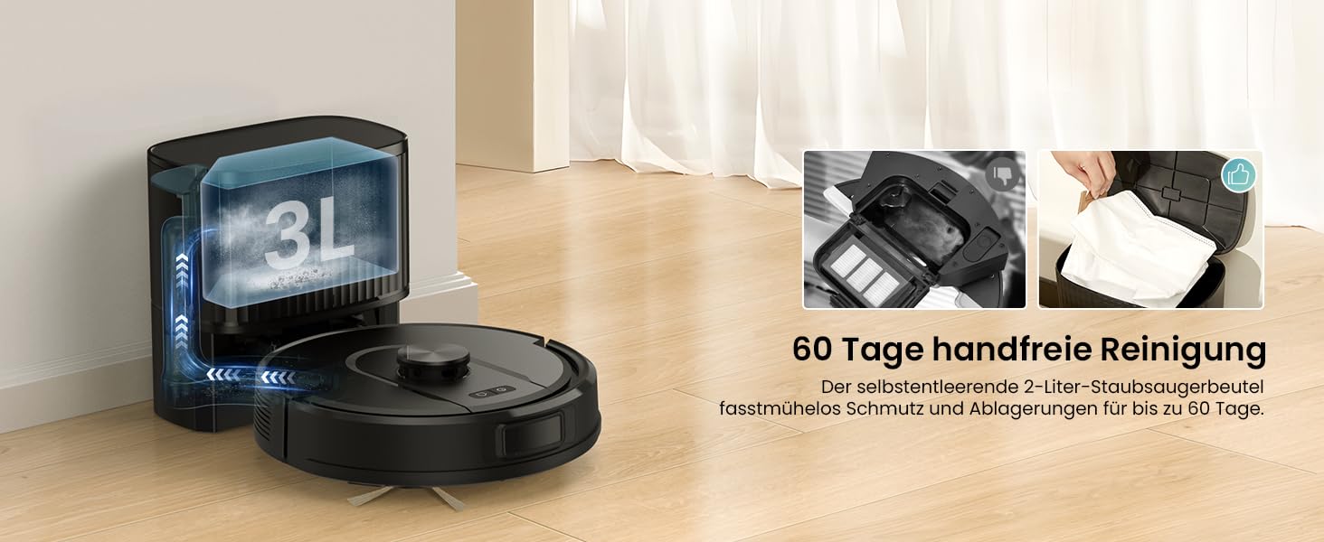 Робот-пилосос Vexilar з функцією миття підлоги, 8000Pa, LiDAR-навігація, 150 хв роботи, 15 зон заборони, керування через додаток, для тварин та килимів (W11)