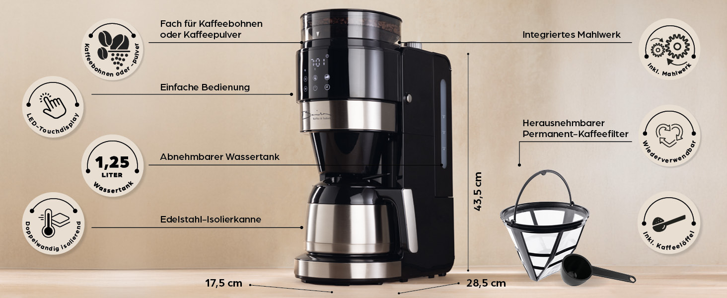 Кавомашина Barista Filterkaffeemaschine з регульованим млинком та термокружка | Функція підігріву, таймер 24 год та перманентний фільтр | Для 10 чашок кави | Кавомашина для зерен та меленої кави [Нержавіюча сталь] (8) Нержавіюча сталь (Pro Design) - Термокружка - з млинком