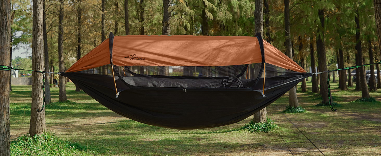 Гамак-намет для кемпінгу з москітною сіткою та сонцезахистом, 290x140 см, великий простір, легкий, з ременями для кріплення до дерева, підлоговий намет для відпочинку на природі, пікніків, походів, зелений (помаранчевий)