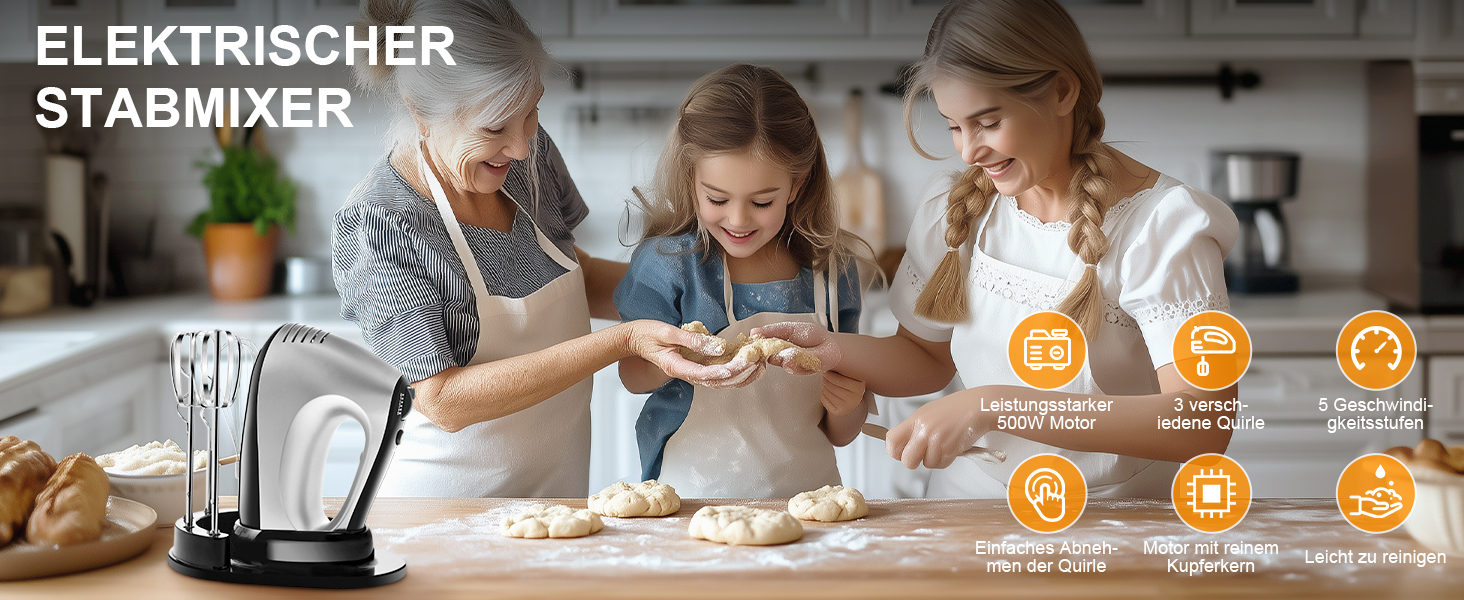 Електричний міксер 500W з набором аксесуарів для випічки (2 міксери, 2 гаки, 2 вінчики, збивач яєць, шпатель, підставка)