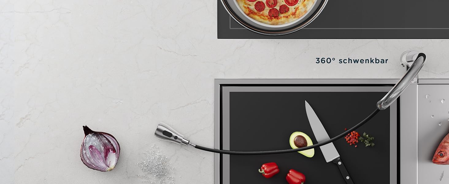 Кран кухонний FORIOUS з висувною лійкою, 360° обертання, 2 режими, хром полірований