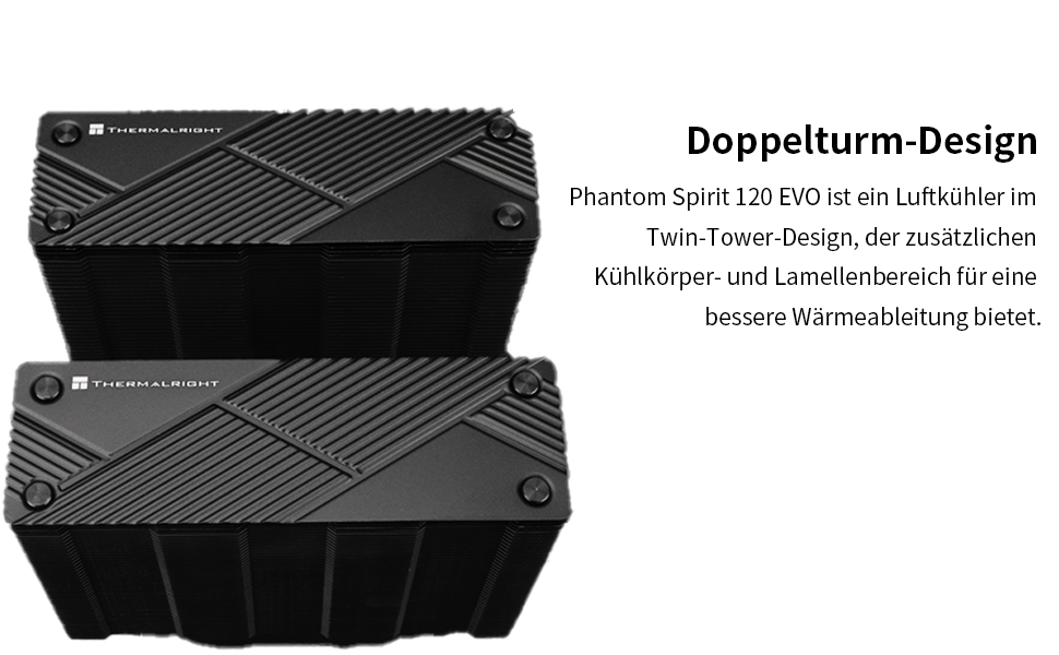 Кулер для процесора Thermalright Phantom Spirit 120 EVO, 7 теплових трубок, 2 PWM вентилятори, 2150 RPM, сумісність з AMD AM4/AM5 та Intel LGA 115X/1200/1700/1851/20XX, чорний