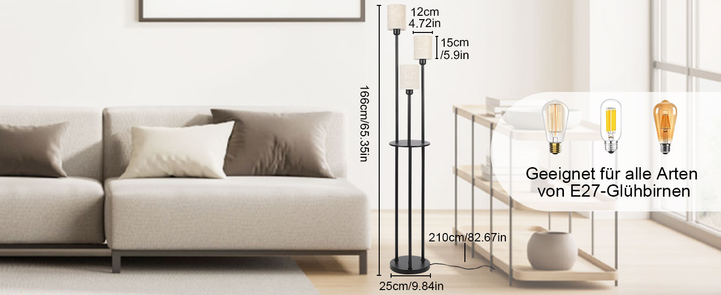 Стійка лампа Winverty для вітальні з полицею, 3 лампи, вінтажний стиль, чорний колір