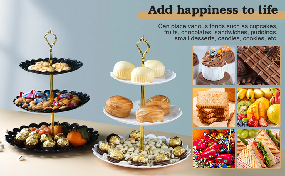 Трирівнева підставка для капкейків, десертів, фруктів, печива, цукерок. Підставка для сервірування на вечірку, весілля, день народження, дитячий свято (пластик, чорний та білий)