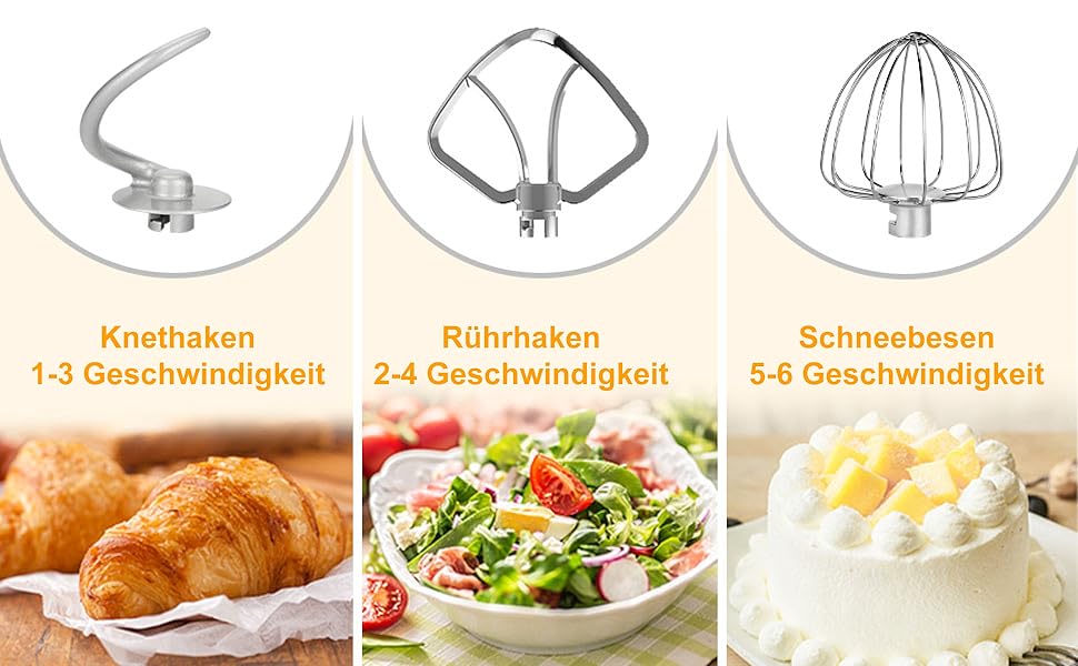 Кухонна машина AUMATE 1400 Вт, планетарний міксер з чашею 6,2 л, тістоміс з набором насадок (гак, вінчик, міксер), 6 швидкостей, лимонний колір