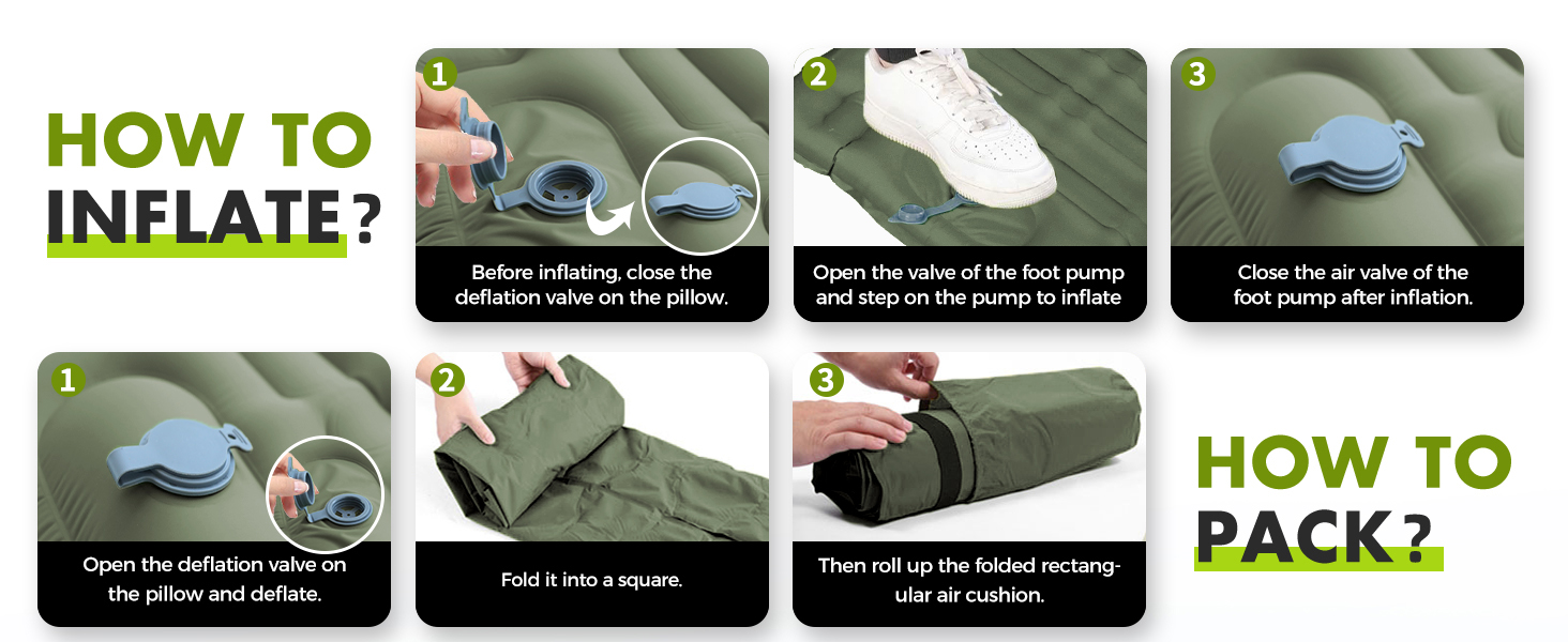 Airminti Self-Inflating Camping Mat - 12cm Thick, Lightweight Air Mattress with Foot Pump & Pillow, Outdoor Sleeping Pad for Camping, Hiking, Beach & Festival - Olive Green