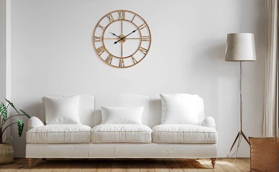 Large European Industrial Vintage Wall Clock with Roman Numerals, Silent No Ticking Sounds Metal Wall Clock, Decorative Wall Clock for Living Room, Kitchen, Bedroom - (Bronze, 60cm)