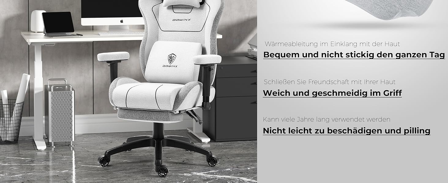 Ігровий крісло Dowinx з тканини, ергономічний геймерський крісло з м'якими підлокітниками, стабільний ігровий та офісний крісло для тривалого сидіння (Сірий)