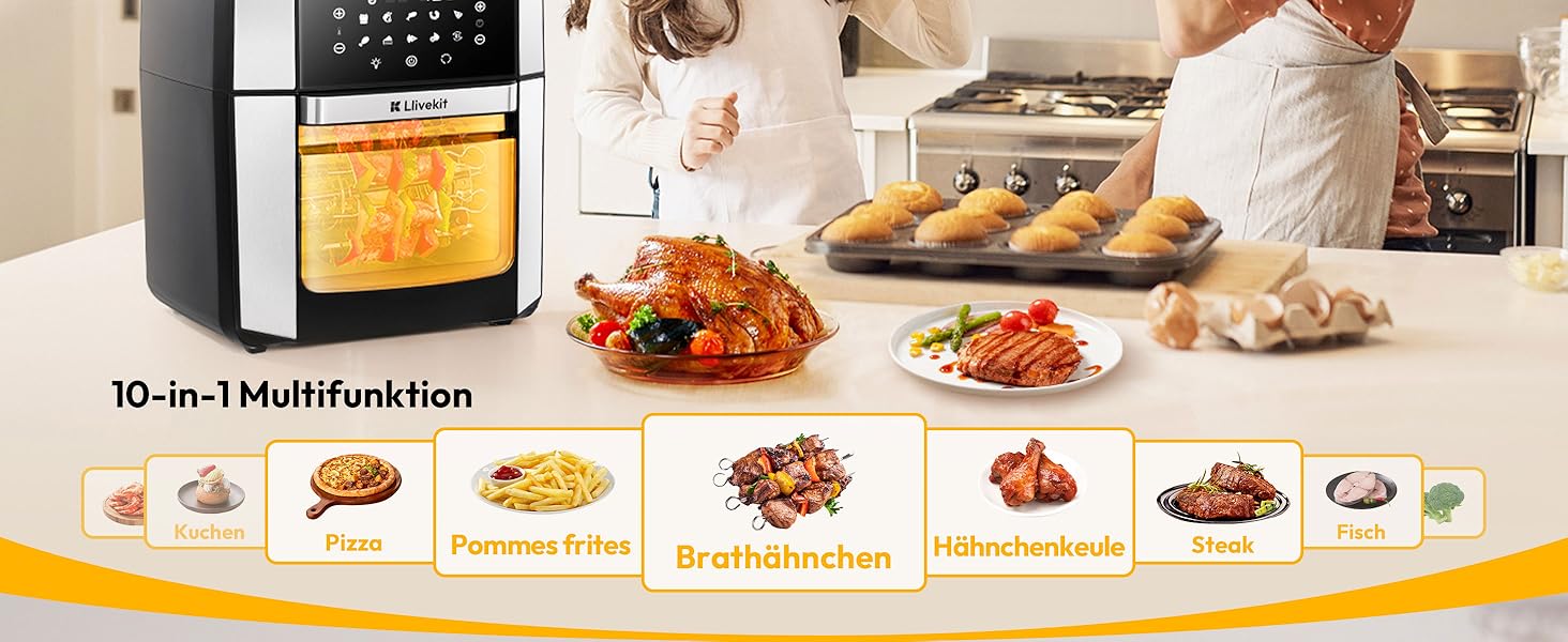 Фритюрниця повітряна 15л, мультифурна з конвекцією 1800W, 10 в 1, з нержавіючої сталі, чорно-срібна