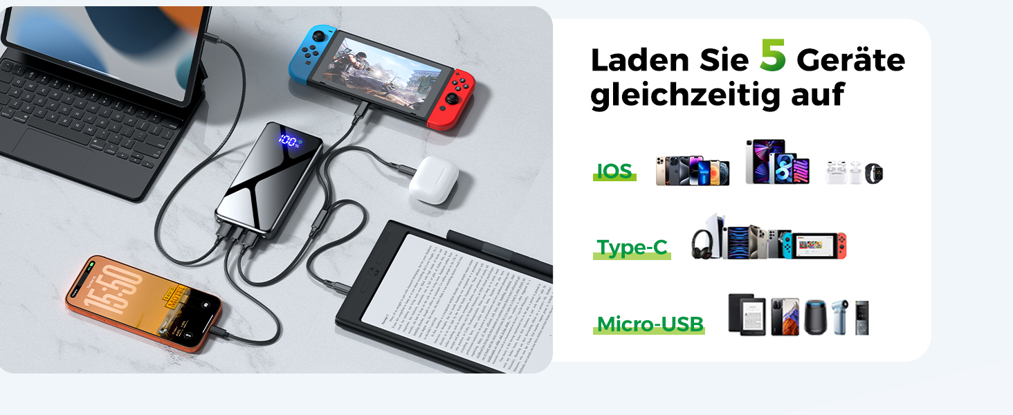 Повербанк 26800mAh з швидкою зарядкою USB-C та кабелем 3-в-1, Dual-LED ліхтарем, чорний — зовнішній акумулятор для iPhone 17/16/15, Samsung S26/S25, Xiaomi