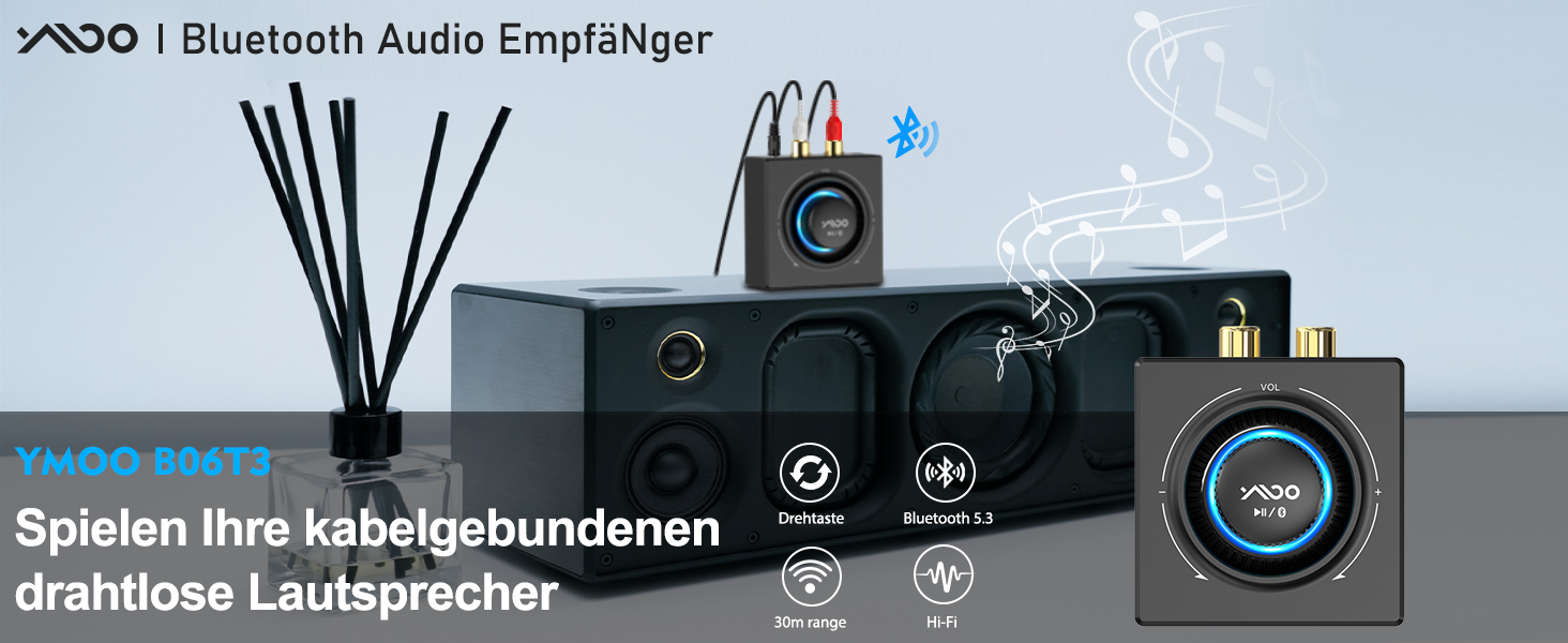 Bluetooth аудіоприймач YMOO 5.3: AUX адаптер для стереосистеми, TV, PC, MP3-плеєра, 50ft радіус дії, 3.5mm jack & RCA вхід