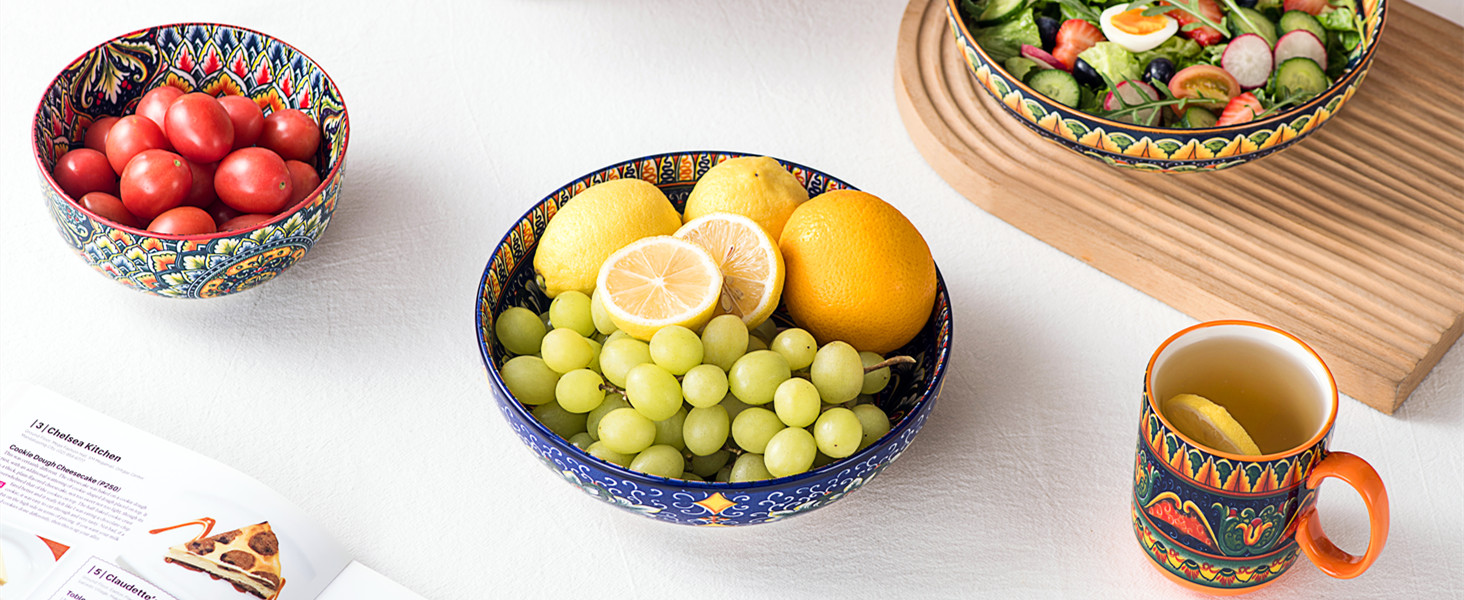 Набір тарілок Henten Home Mylo: 2 тарілки для супу та салатів, 1500 мл, бохо стиль (синьо-помаранчевий)