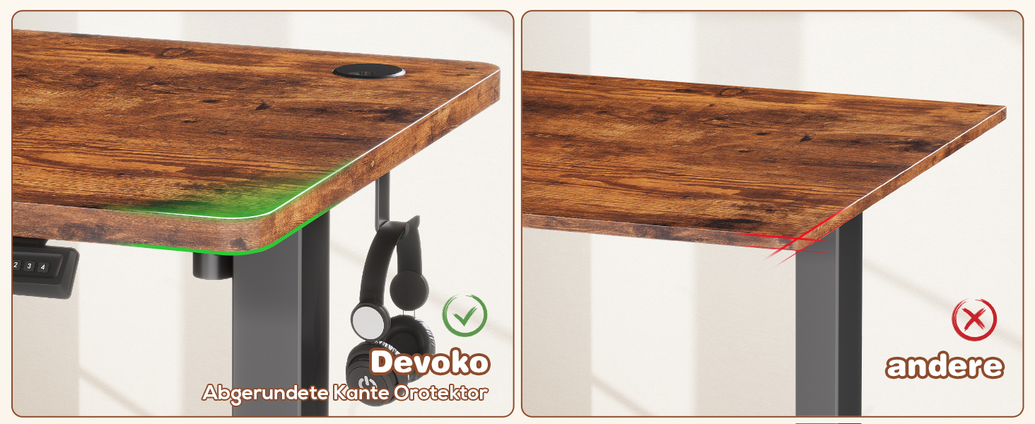 Devoko Adjustable Height Electric Desk - 120x60cm - Vintage Brown - Sit-Stand Desk with Memory Function & Collision Detection