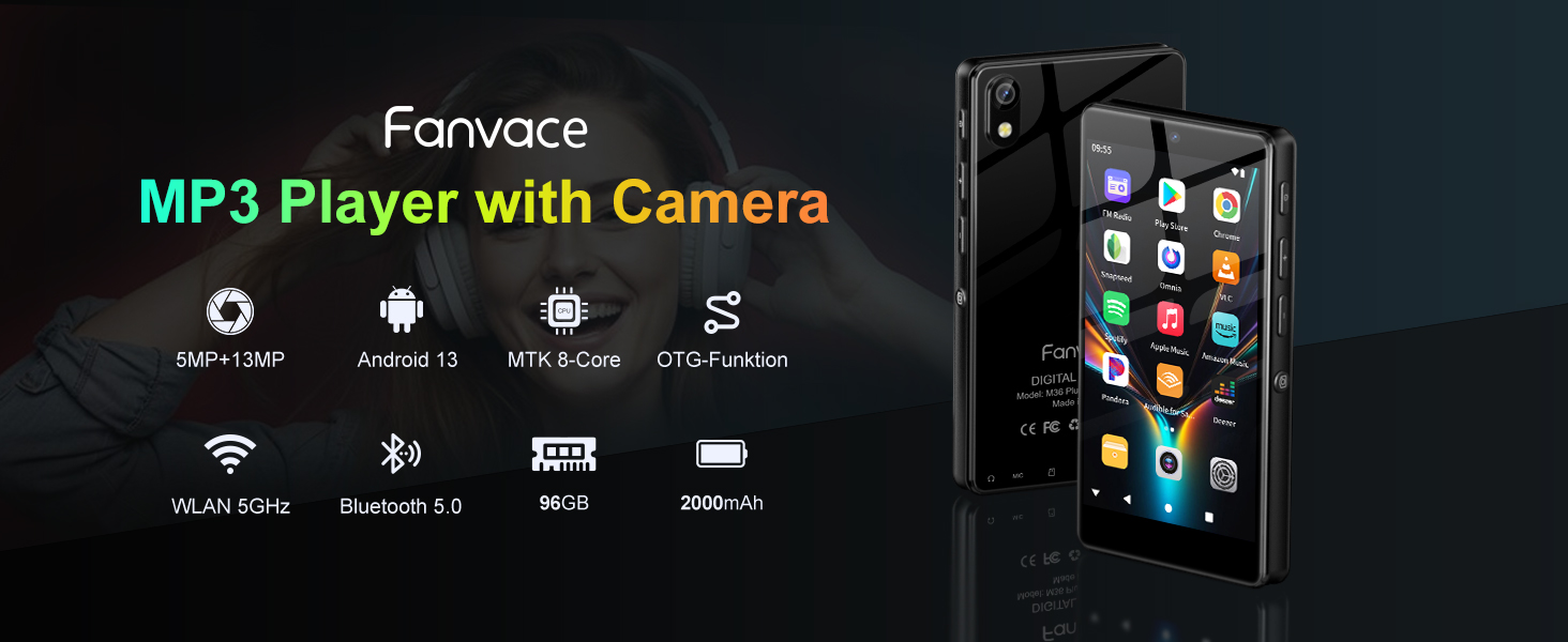 MP3 плеєр 96GB з Bluetooth, WiFi, Android 13, камерою та гучномовцем. Плеєр MP4 для Spotify, Kids, Audible, Amazon Music, Play Store - Чорний