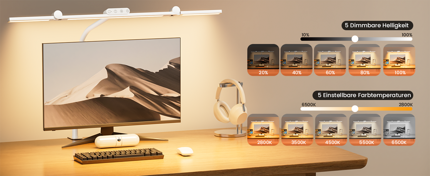 LED лампа для столу TYEE з регулюванням яскравості, 24W, 3 світлодіодні смуги, 1500LM, захист очей, денне світло, з пультом, 5 кольорів, 5 рівнів яскравості, для офісу та дому