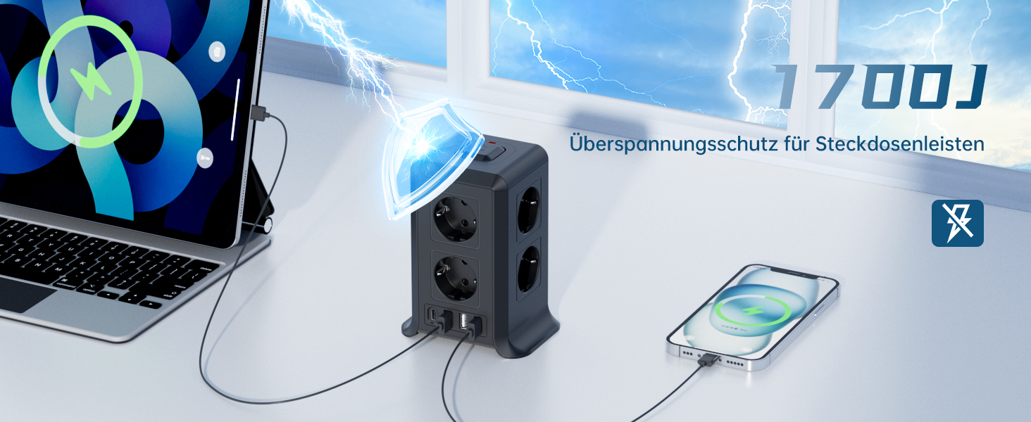 Багаторозкладна мережева панель Sameriver 8-fach з вимикачем, 4 USB, захист від перенапруги, 2м кабель, чорний